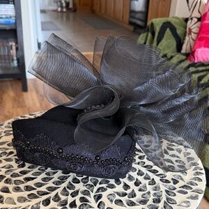 Deborah Vintage Wool Black Fascinator with Lace and Bead Detailing